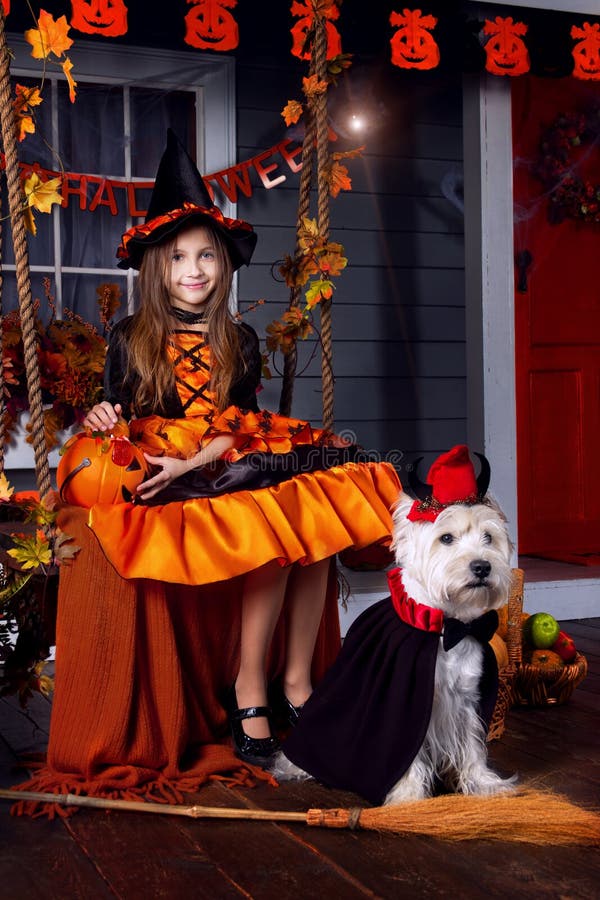 Ragazza in costume di Halloween con il cane fotografia stock libera da diritti Ragazza in costume di Halloween con il cane fotografia stock libera da diritti