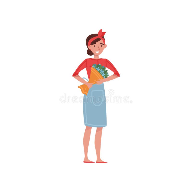 Ragazza del fiorista con il mazzo di bei fiori Giovane donna sveglia in grembiule blu Progettazione piana di vettore illustrazione di stock Ragazza del fiorista con il mazzo di bei fiori Giovane donna sveglia in grembiule blu Progettazione piana di vettore illustrazione di stock