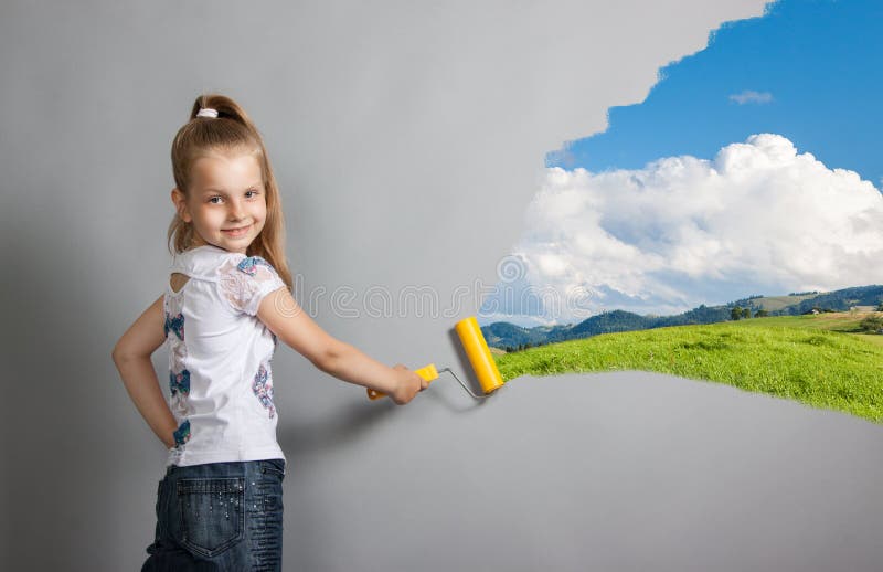 Ragazza del rullo di pittura fotografia stock Ragazza del rullo di pittura fotografia stock