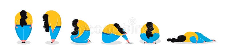 Ragazza depressa nella menzogne di seduta stante della donna triste differente di pose illustrazione vettoriale Ragazza depressa nella menzogne di seduta stante della donna triste differente di pose illustrazione vettoriale