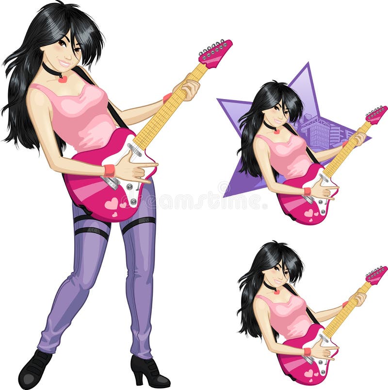 Ragazza di Asian del chitarrista del rock star nello stile del fumetto illustrazione vettoriale Ragazza di Asian del chitarrista del rock star nello stile del fumetto illustrazione vettoriale