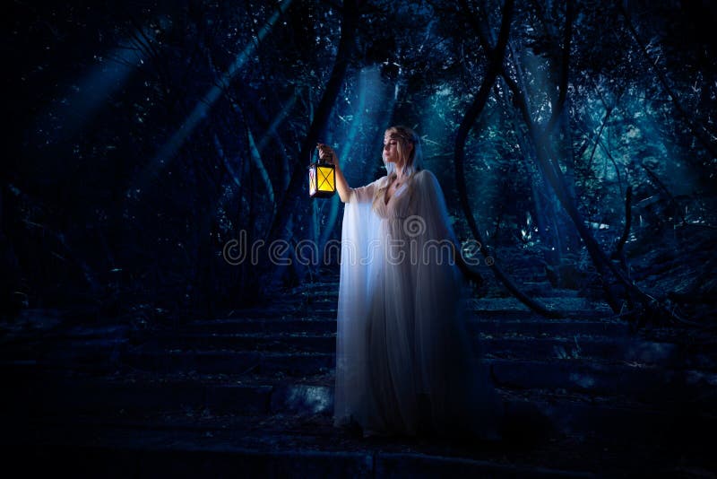 Ragazza di Elf nella versione della foresta di notte fotografie stock Ragazza di Elf nella versione della foresta di notte fotografie stock