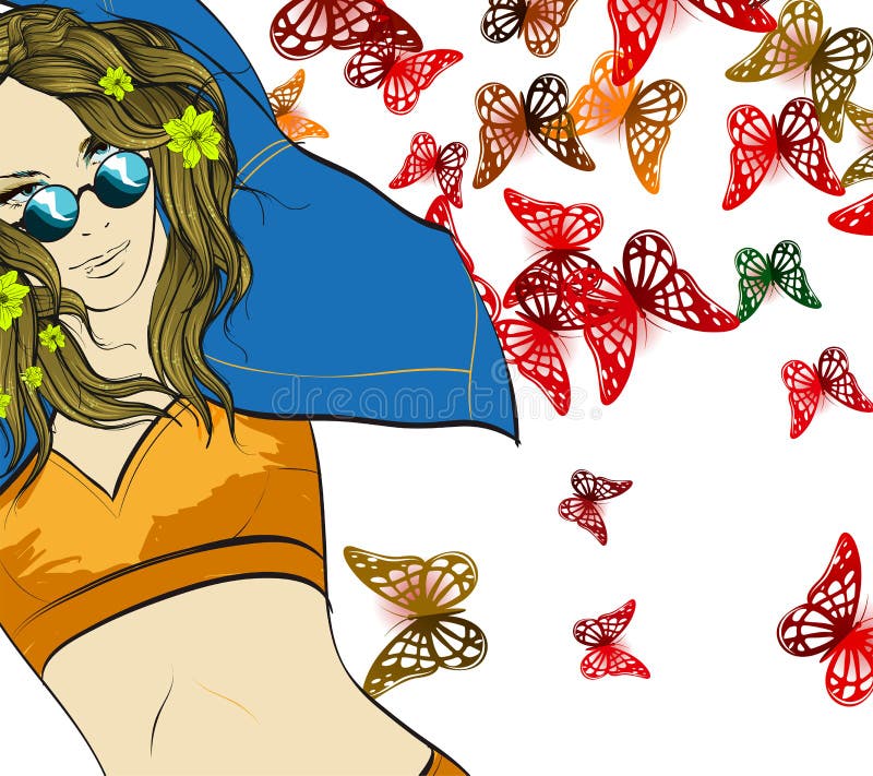 Ragazza di modo in un rivestimento del denim, su un fondo delle farfalle Donna di estate illustrazione vettoriale Ragazza di modo in un rivestimento del denim, su un fondo delle farfalle Donna di estate illustrazione vettoriale