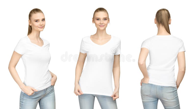 Set promo pose girl in blank white tshirt mockup design for print and concept template young woman in T-shirt front and side back view isolated white background with clipping path. Set promo pose girl in blank white tshirt mockup design for print and concept template young woman in T-shirt front and side back view isolated white background with clipping path.