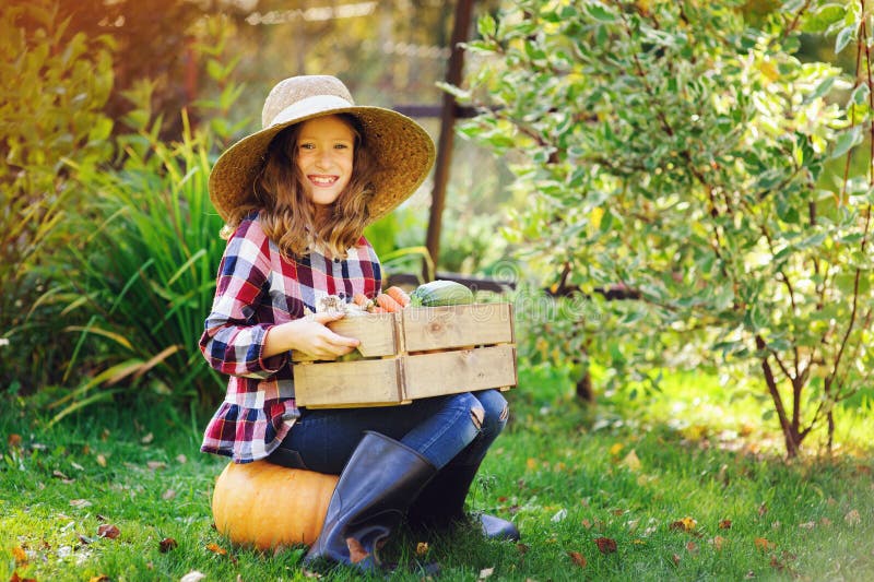 Ragazza felice del bambino dell'agricoltore con il raccolto di autunno - le zucche, le carote e lo zucchini organici hanno selezi fotografia stock libera da diritti Ragazza felice del bambino dell'agricoltore con il raccolto di autunno - le zucche, le carote e lo zucchini organici hanno selezi fotografia stock libera da diritti