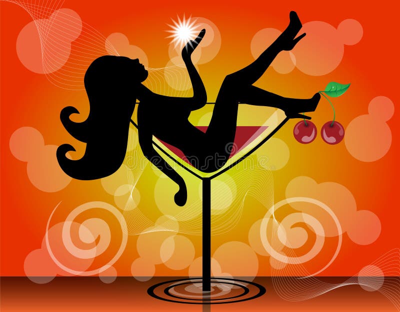 Silhouette of a girl in a cocktail glass on a bright background. Silhouette of a girl in a cocktail glass on a bright background