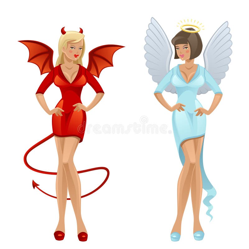 Ragazza Nell'angelo Del Costume E Diavolo Illustrazione Vettoriale