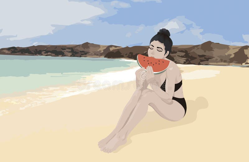 Ragazza nella spiaggia in un giorno di estate che mangia un'anguria fresca illustrazione vettoriale Ragazza nella spiaggia in un giorno di estate che mangia un'anguria fresca illustrazione vettoriale