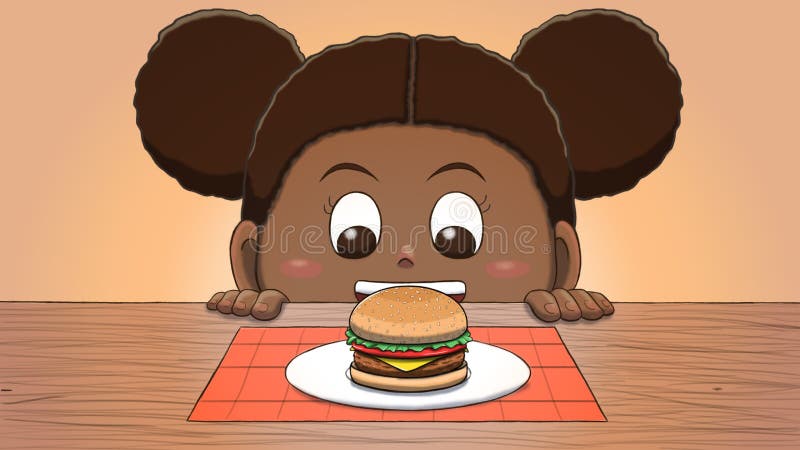 Close-up illustration of a black girl staring at a hamburger on the table. Close-up illustration of a black girl staring at a hamburger on the table.