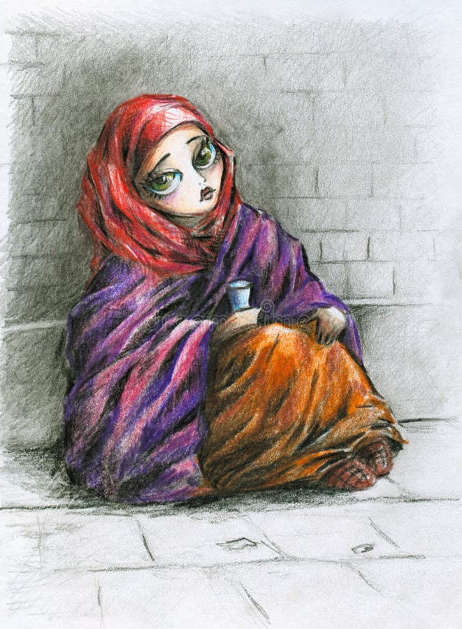 A poor little girl sitting on the street.Picture I have created with colored pencils. A poor little girl sitting on the street.Picture I have created with colored pencils.