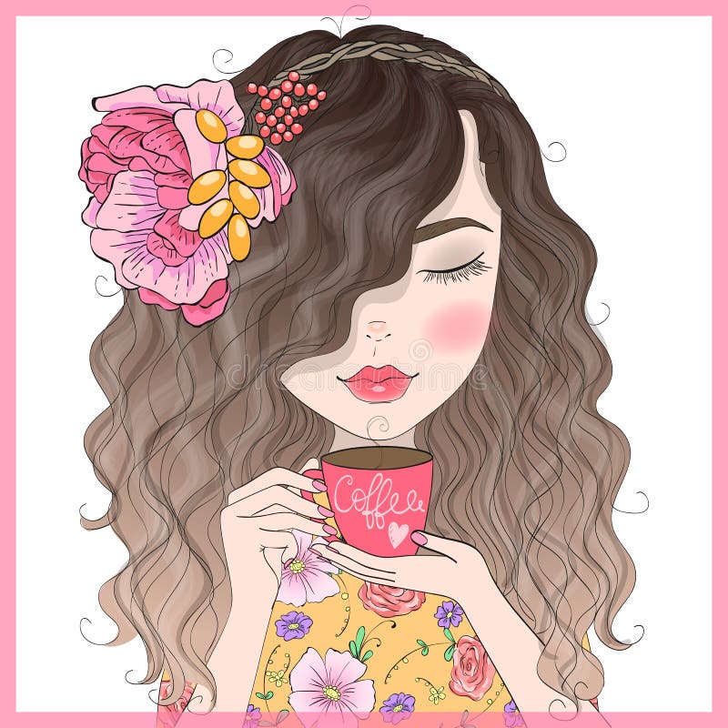 Ragazza riccia della bella testarossa sveglia disegnata a mano con caffè in sue mani royalty illustrazione gratis Ragazza riccia della bella testarossa sveglia disegnata a mano con caffè in sue mani royalty illustrazione gratis