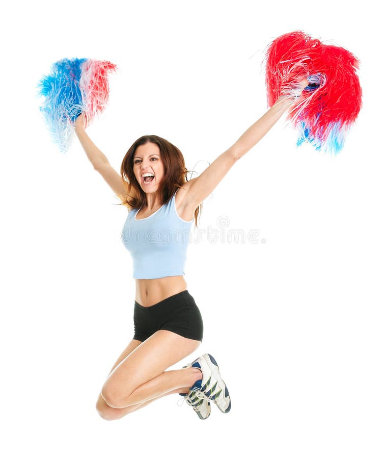 Ragazza sorridente della ragazza pon pon che propone con i poms del pom immagini stock Ragazza sorridente della ragazza pon pon che propone con i poms del pom immagini stock