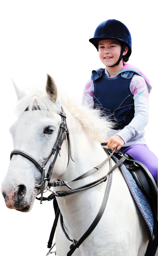 Ragazza sul cavallo bianco, priorità bassa bianca immagine stock libera da diritti Ragazza sul cavallo bianco, priorità bassa bianca immagine stock libera da diritti