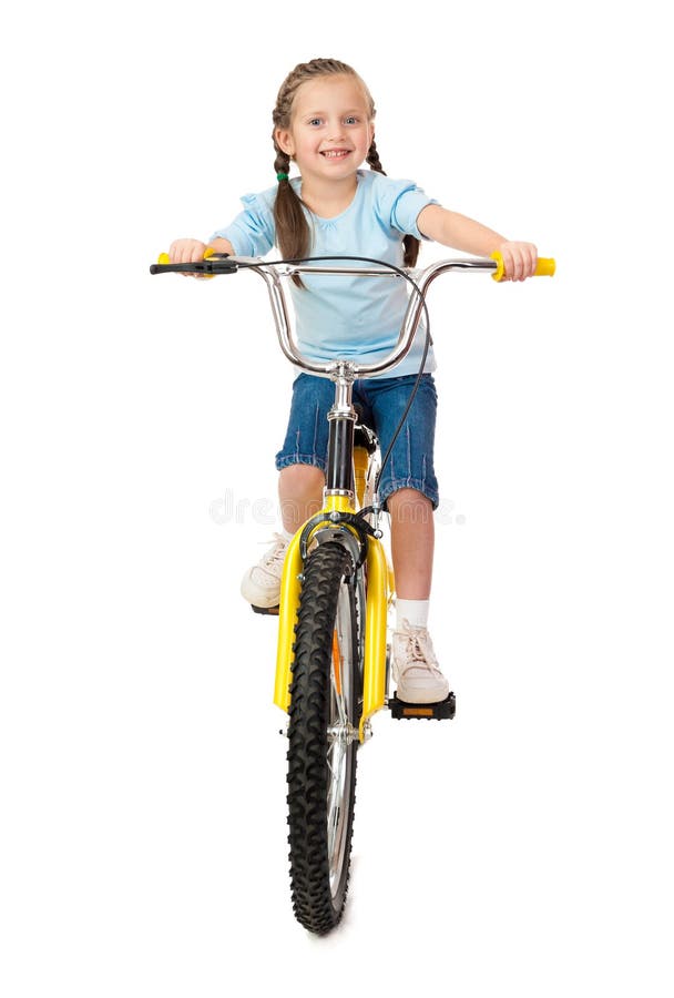 Ragazza sulla bicicletta su bianco immagini stock
