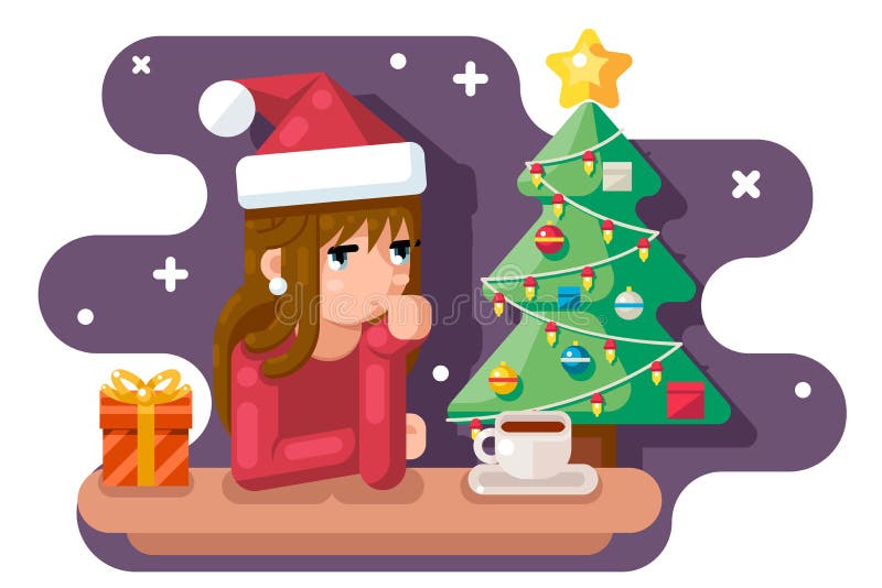 Ragazza sveglia che wating per l'illustrazione piana di vettore di progettazione del contenitore di regalo del cappello del Babbo illustrazione di stock Ragazza sveglia che wating per l'illustrazione piana di vettore di progettazione del contenitore di regalo del cappello del Babbo illustrazione di stock