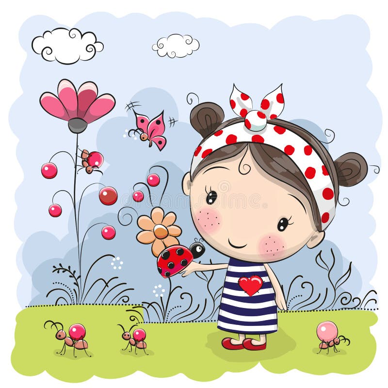 Cute Cartoon Girl with ladybug on a meadow. Cute Cartoon Girl with ladybug on a meadow