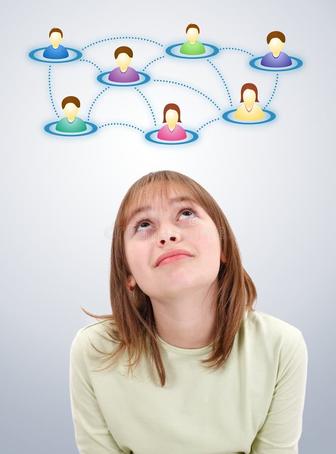 Ragazza teenager che osserva in su alla rete sociale illustrazione di stock Ragazza teenager che osserva in su alla rete sociale illustrazione di stock
