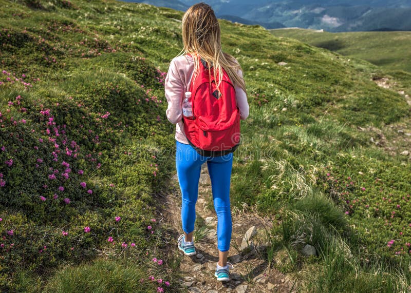Ragazza turistica sportiva con le salite rosse dello zaino nelle montagne o nelle passeggiate, estate all'aperto fotografie stock Ragazza turistica sportiva con le salite rosse dello zaino nelle montagne o nelle passeggiate, estate all'aperto fotografie stock