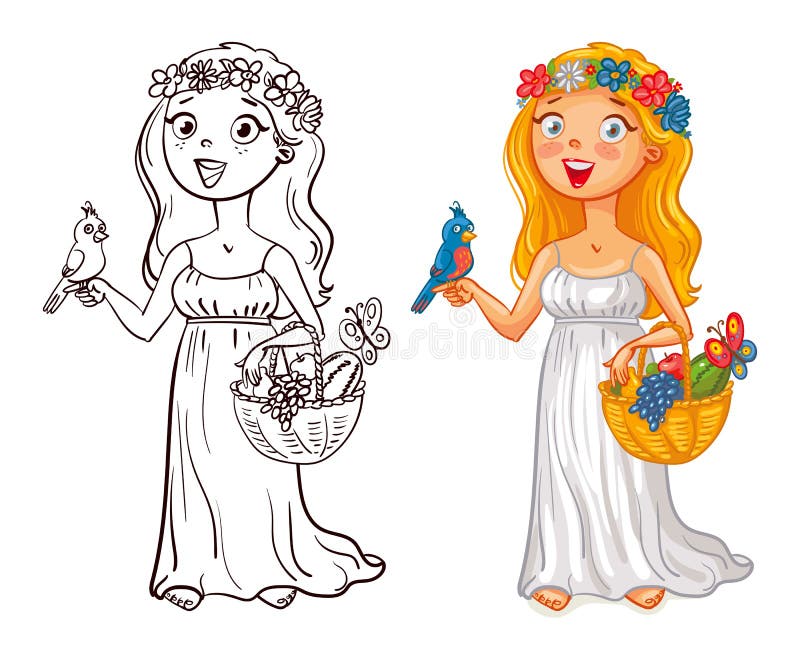 Ragazza in una corona con il canestro di frutta e dell'uccello illustrazione di stock Ragazza in una corona con il canestro di frutta e dell'uccello illustrazione di stock