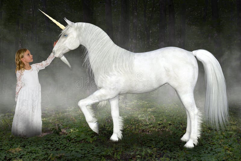 Ragazza, unicorno, natura, speranza, amore, pace fotografia stock