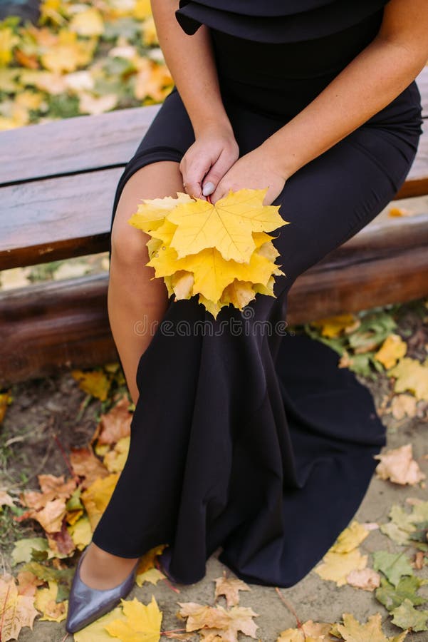 Ragazza in vestito nero con la foglia della quercia fotografia stock Ragazza in vestito nero con la foglia della quercia fotografia stock