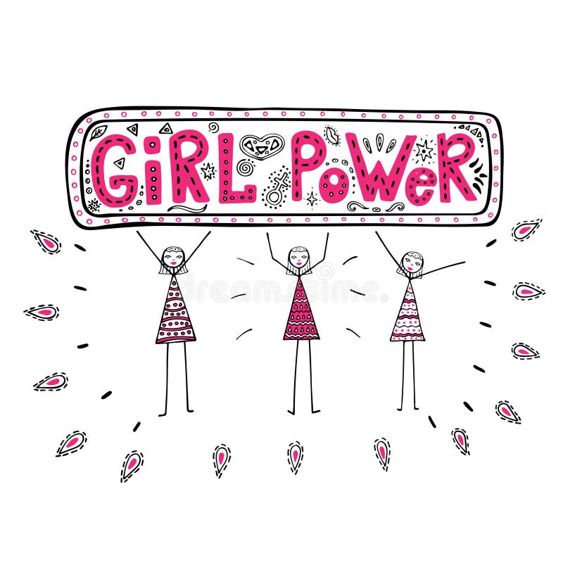 Ragazze che tengono un manifesto con potere della ragazza di frase, illustrazione del grafico colorato nello stile di scarabocchi illustrazione di stock Ragazze che tengono un manifesto con potere della ragazza di frase, illustrazione del grafico colorato nello stile di scarabocchi illustrazione di stock