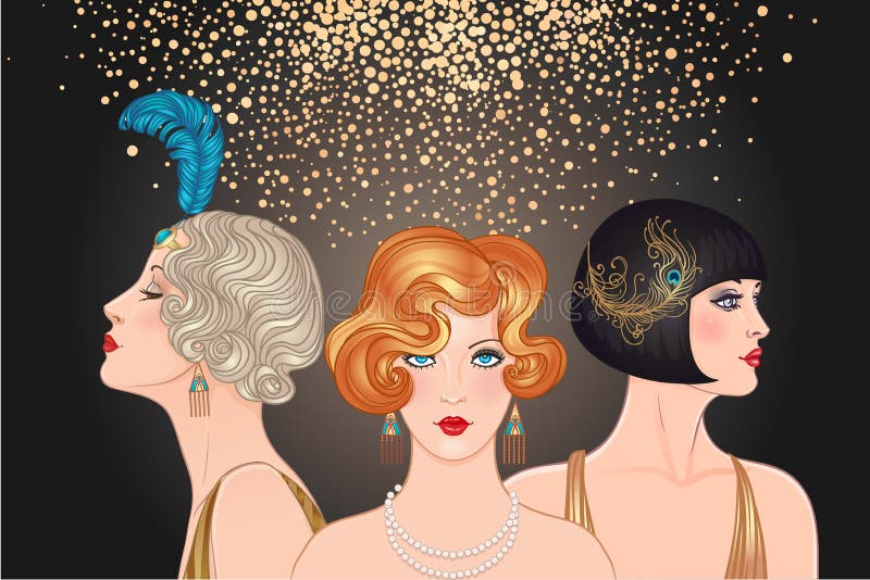 Ragazze della falda messe: tre giovani belle donne degli anni 20 Vettore royalty illustrazione gratis Ragazze della falda messe: tre giovani belle donne degli anni 20 Vettore royalty illustrazione gratis