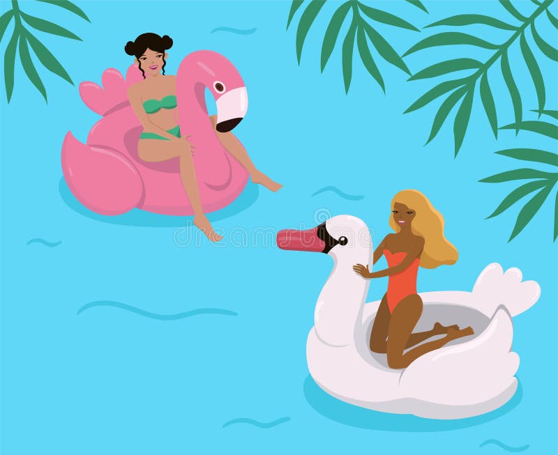 Ragazze nello stagno sui fenicotteri e sui cigni gonfiabili Illustrazione di vettore illustrazione di stock Ragazze nello stagno sui fenicotteri e sui cigni gonfiabili Illustrazione di vettore illustrazione di stock