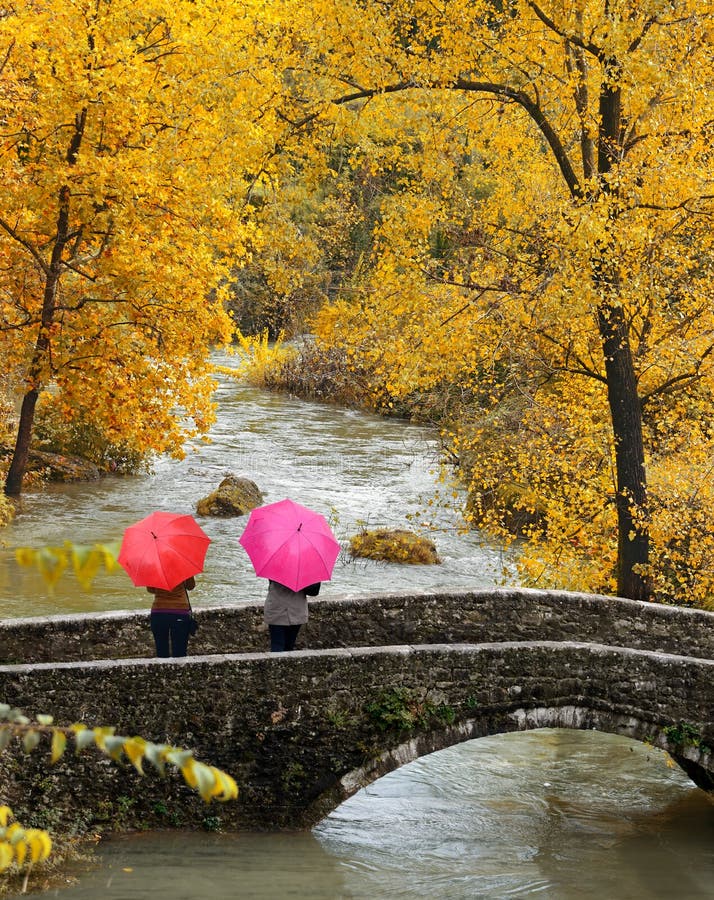 Ragazze, ombrelli variopinti nel parco di aughtum fotografie stock libere da diritti