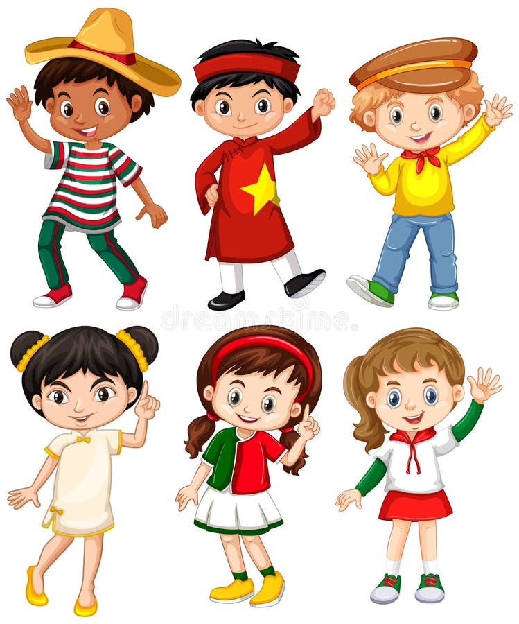 Ragazzi e ragazze in costume differente del paese illustrazione di stock Ragazzi e ragazze in costume differente del paese illustrazione di stock