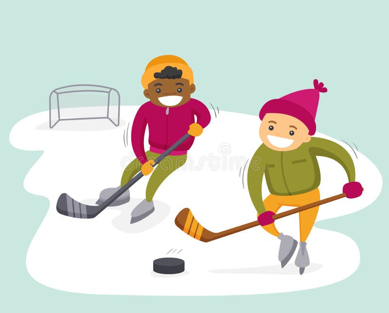 Ragazzi multietnici che giocano hockey sulla pista di pattinaggio all'aperto illustrazione vettoriale Ragazzi multietnici che giocano hockey sulla pista di pattinaggio all'aperto illustrazione vettoriale