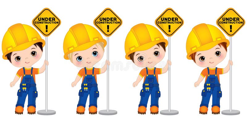 Ragazzini svegli di vettore che tengono il segno - in costruzione Piccoli costruttori di vettore royalty illustrazione gratis Ragazzini svegli di vettore che tengono il segno - in costruzione Piccoli costruttori di vettore royalty illustrazione gratis