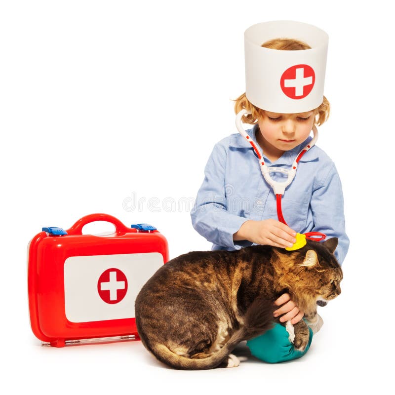 Ragazzino che gioca al dottore veterinario con un gatto fotografia stock libera da diritti Ragazzino che gioca al dottore veterinario con un gatto fotografia stock libera da diritti