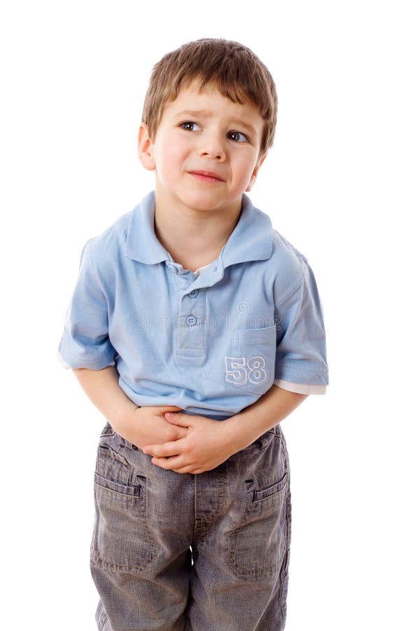 Little boy showing stomach pain, isolated on white. Little boy showing stomach pain, isolated on white