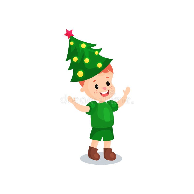 Ragazzino sveglio nel costume dell'albero di hristmas, bambino nell'illustrazione festiva di vettore del fumetto del costume illustrazione di stock Ragazzino sveglio nel costume dell'albero di hristmas, bambino nell'illustrazione festiva di vettore del fumetto del costume illustrazione di stock