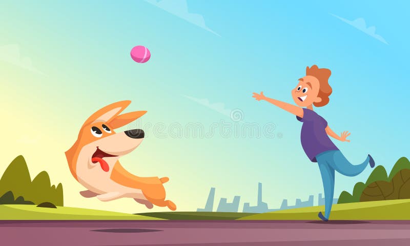 Ragazzo che gioca con il suo animale domestico in parco urbano Cane che prende poca palla illustrazione vettoriale Ragazzo che gioca con il suo animale domestico in parco urbano Cane che prende poca palla illustrazione vettoriale