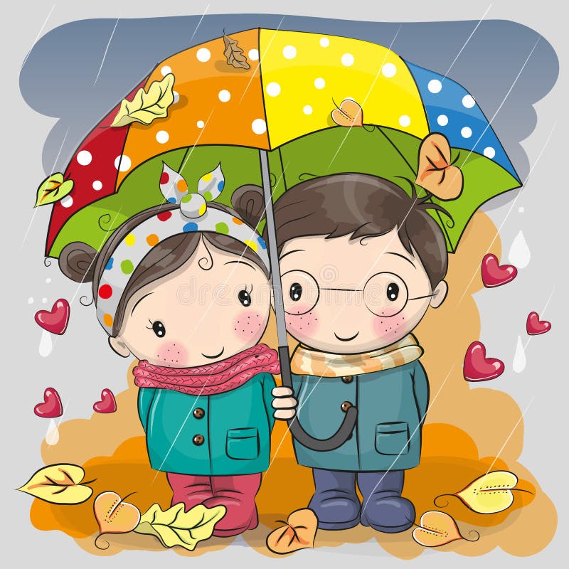 Ragazzo e ragazza con l'ombrello sotto la pioggia illustrazione vettoriale Ragazzo e ragazza con l'ombrello sotto la pioggia illustrazione vettoriale
