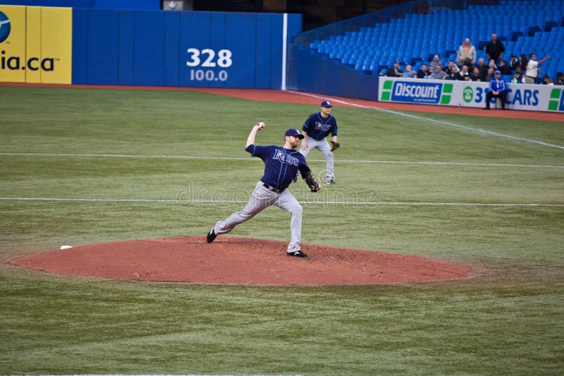 TORONTO â€“ MAY 19: Tampa Bay Rays' player Wade Davis pitching in a MLB game against the Toronto Blue Jays at Rogers Centre on May 19, 2011 in Toronto. The Blue Jays won 3-2. TORONTO â€“ MAY 19: Tampa Bay Rays' player Wade Davis pitching in a MLB game against the Toronto Blue Jays at Rogers Centre on May 19, 2011 in Toronto. The Blue Jays won 3-2.