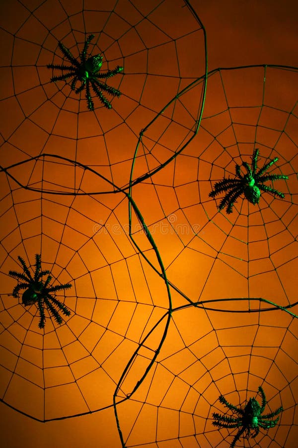 Halloween theme: Spiders in webs on orange. Halloween theme: Spiders in webs on orange