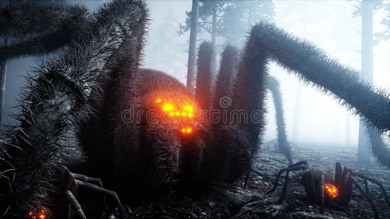 Ragno gigant spaventoso nel timore e nell'orrore della foresta di notte della nebbia Mistic e concetto di Halloween rappresentazi illustrazione di stock Ragno gigant spaventoso nel timore e nell'orrore della foresta di notte della nebbia Mistic e concetto di Halloween rappresentazi illustrazione di stock