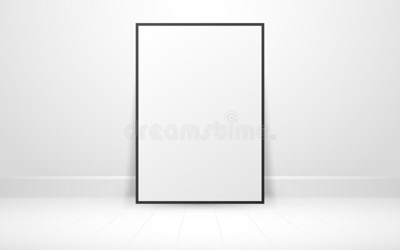 Rahmen-Mockingeinrichtung. Minimales Plakat auf dem Boden im sauberen Zimmer. Weiße Vorlage für das Branding oder die Präsentation lizenzfreie abbildung