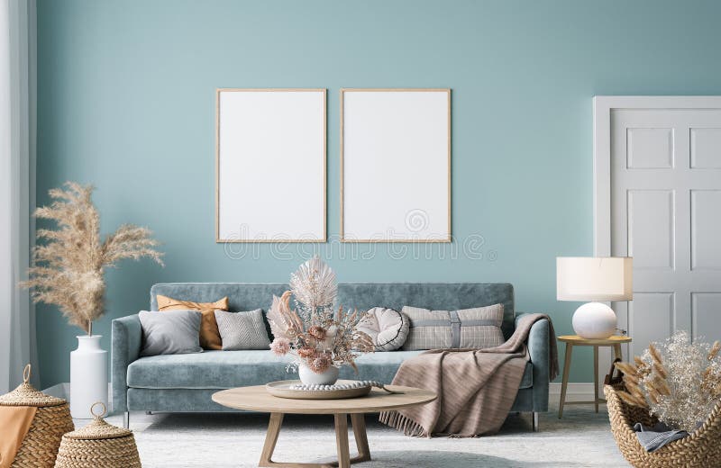 Innenraum Mit Einem Blauen Sofa Stock Abbildung - Illustration von