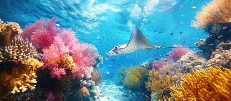 A manta ray gracefully glides over a vibrant coral reef in the ocean depths. AI generated. A manta ray gracefully glides over a vibrant coral reef in the ocean depths. AI generated