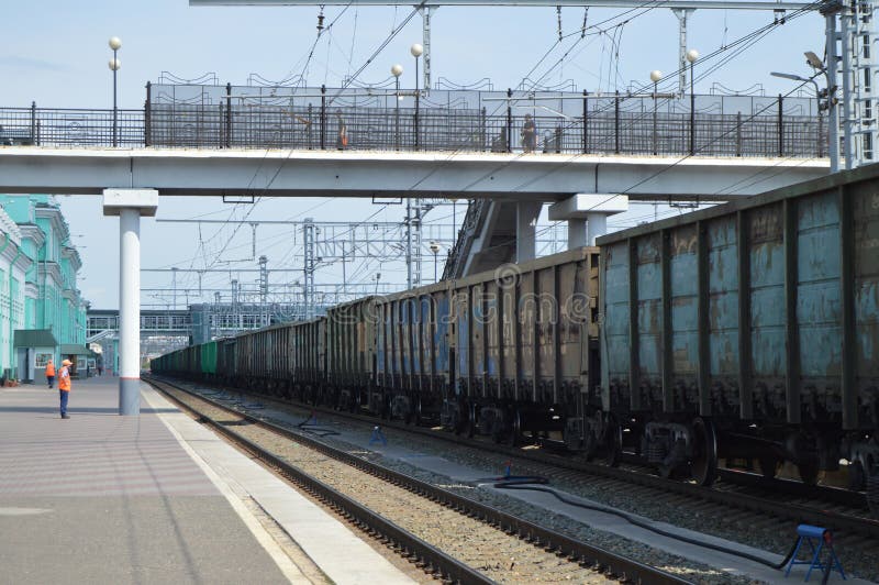 Rail Freight Cars Moving on Rails Along the Big Station Editorial ...