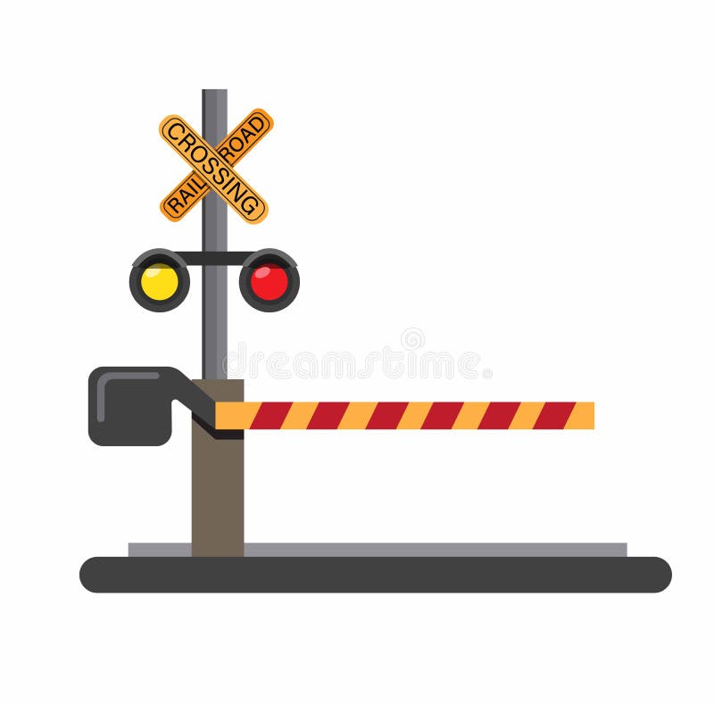 Rail road crossing sign, train, gate or baricade in street in flat illustration vector