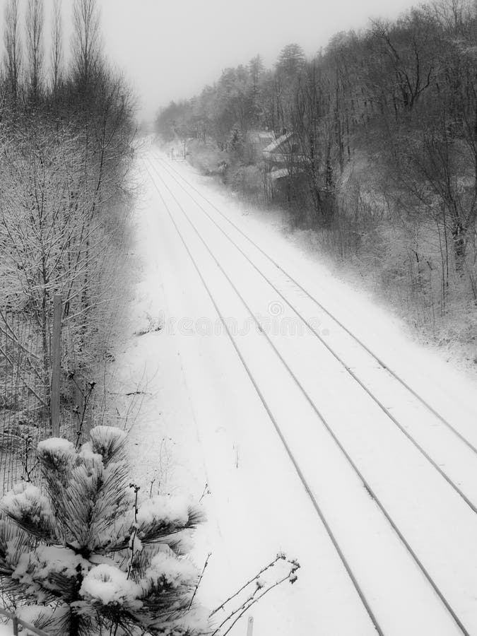 Rail Track on a Snow B&w Landscape Stock Photo - Image of froggy, metal ...