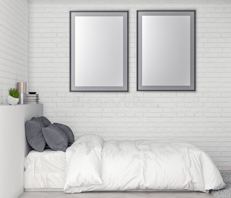 Raillez vers le haut du cadre d'affiche dans le fond de chambre à coucher et le mur de briques intérieurs, l'illustration 3D illustration stock Raillez vers le haut du cadre d'affiche dans le fond de chambre à coucher et le mur de briques intérieurs, l'illustration 3D illustration stock
