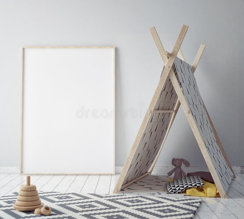 Raillez vers le haut du cadre d'affiche dans la chambre de hippie, le fond intérieur de style scandinave, 3D rendent illustration libre de droits Raillez vers le haut du cadre d'affiche dans la chambre de hippie, le fond intérieur de style scandinave, 3D rendent illustration libre de droits
