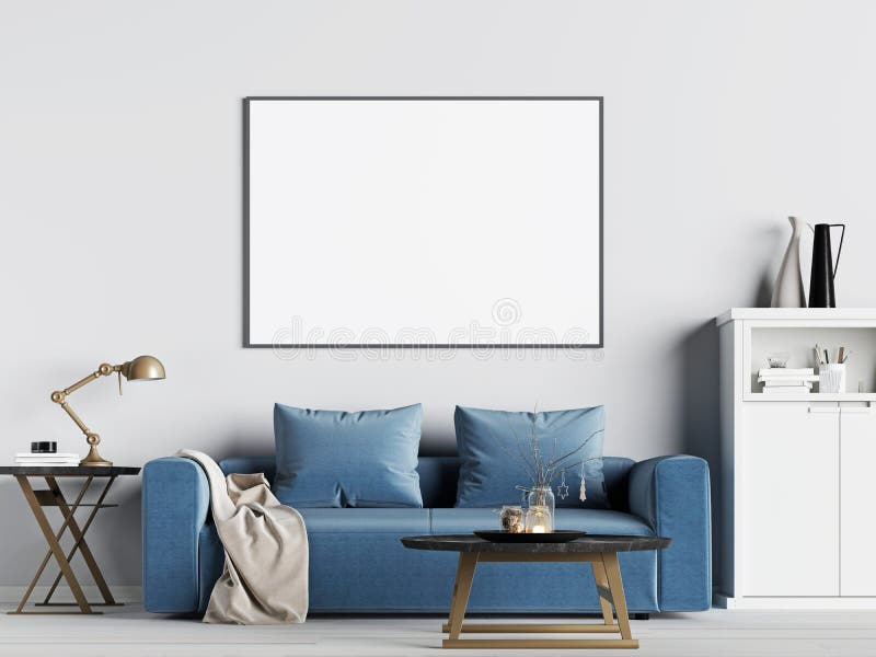 Raillez vers le haut du cadre d'affiche à l'arrière-plan intérieur avec le sofa bleu, style scandinave illustration libre de droits Raillez vers le haut du cadre d'affiche à l'arrière-plan intérieur avec le sofa bleu, style scandinave illustration libre de droits