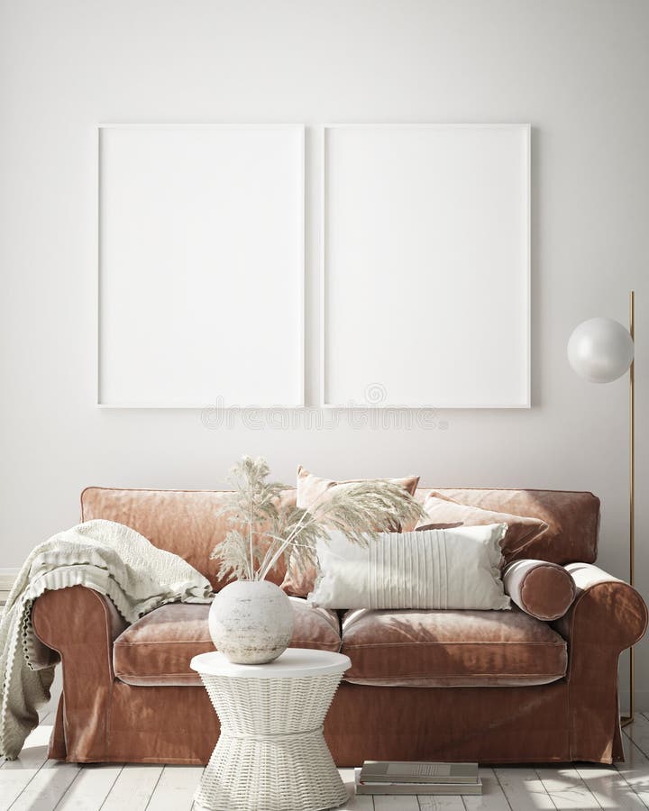 Raillez vers le haut du cadre d'affiche à l'arrière-plan intérieur de hippie, salon, le style scandinave, 3D rendent, l'illustrat illustration libre de droits